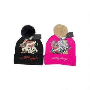 Ed Hardy Pom-Pom Beanie Set - Black and Pink